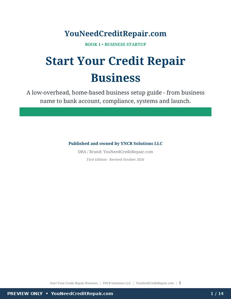 Start Your Credit Repair Business, preview page 1. Some paragraphs have been blurred for the free preview.