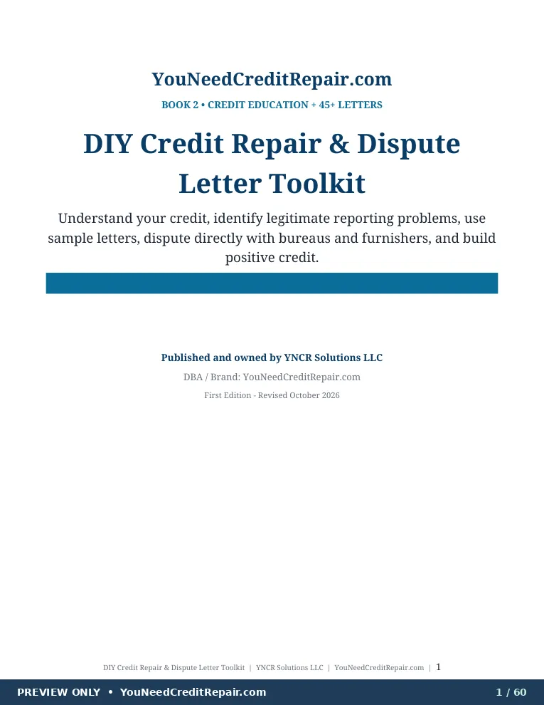 DIY Credit Repair & Dispute Letter Toolkit, preview page 1. Some paragraphs have been blurred for the free preview.